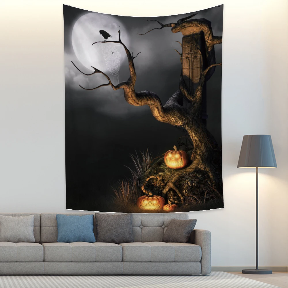 

Настенный Гобелен на Хэллоуин, украшение с изображением Луны, вороны, мертвого дерева, паука, Джека-о-фонаря, иллюстрация, для спальни, гости...