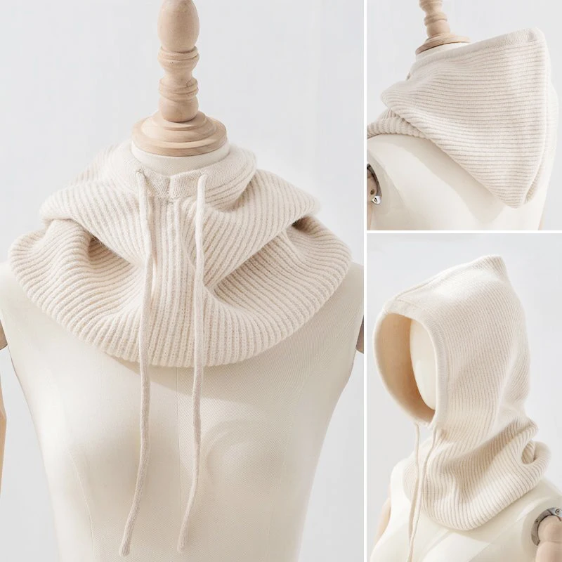

2022 Unisex Knitted Head Hood Faux Cashmere Hooded Neck Collar Cap Head Drawstring Thick Beanie Men&Women Adjustable Elastic Hat