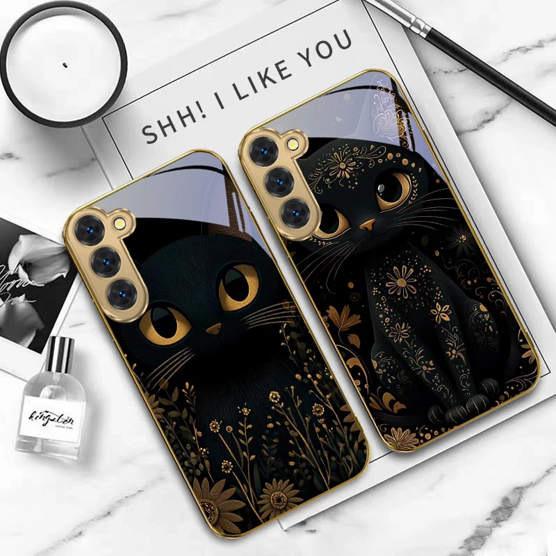Фото Фантастический черный кот для Samsung Galaxy S20 FE S21 S22 S23 Plus S24 Ultra S25Ultra S21+ S9+ S22Plus золотой стеклянный чехол для телефона №5