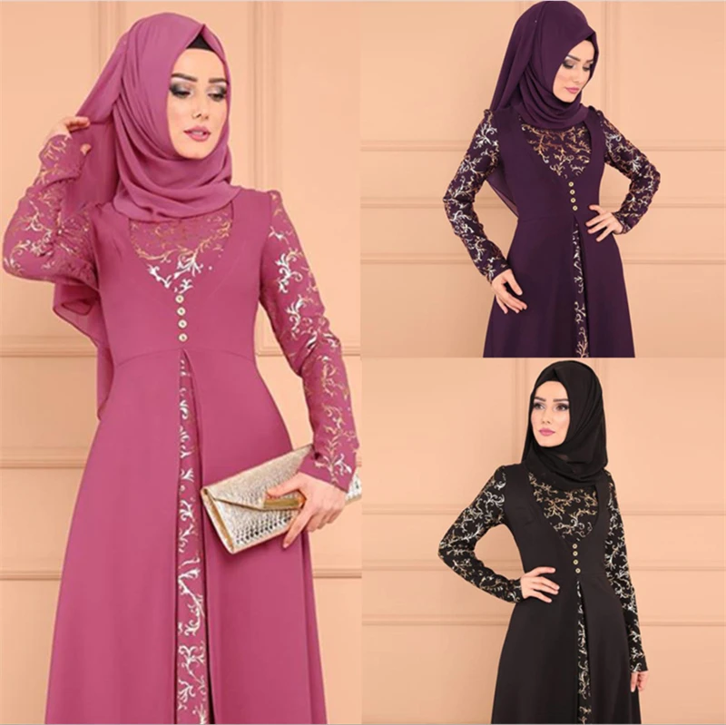 

Muslim Dubai Long Sleeve Dress Women Fake Party Dresses Ethnic Islamic Costume Abaya Large Size Clothing Arrival Elegent Fashion