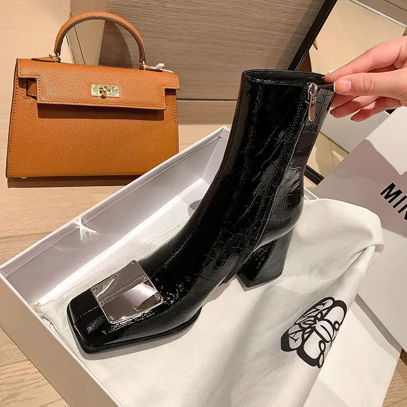 Modern Boots Thick Heel Square Toe Waterproof Non-slip Inner Zipper Autumn and Winter Fashion Shoes for Women 2022 New