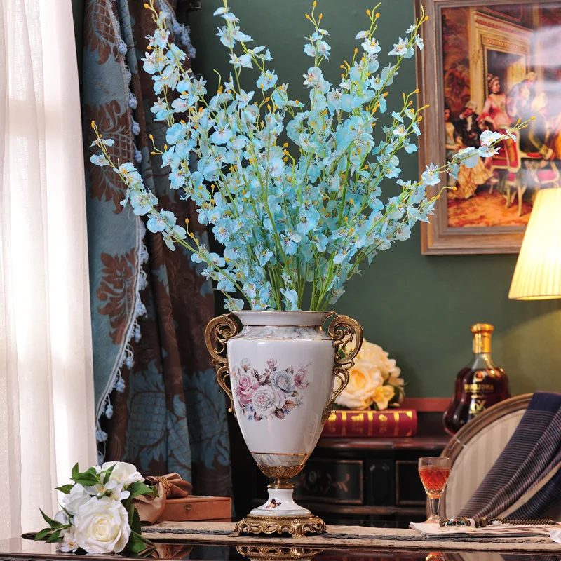 

European American living room vestibule porch home decoration soft vase flower insert ceramic with copper peacock paper ornament