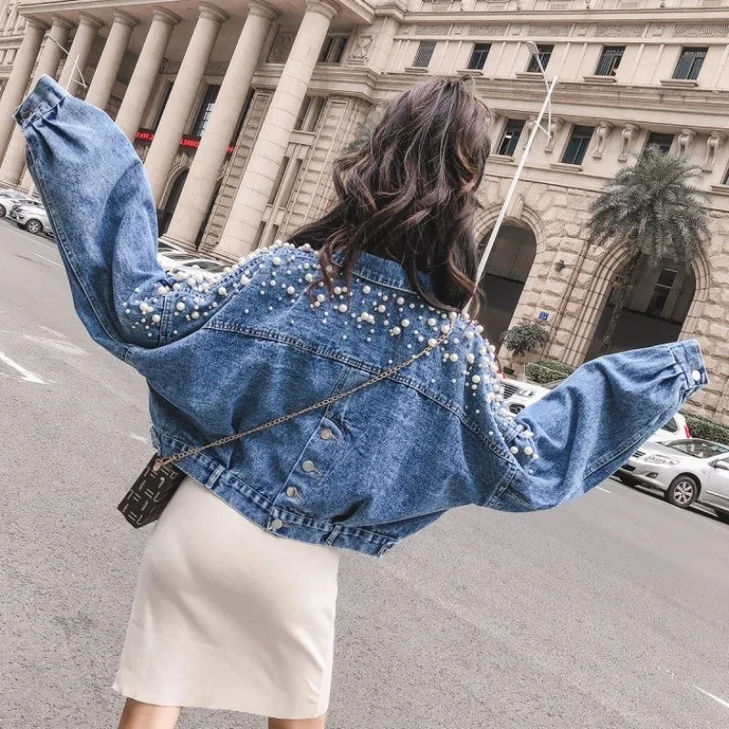 

Beading Jean Denim Short Jackets for Women Loose Chaqueta Mujer Office Coat Autumn Flower Female Chaquetas Oversized Outerwear