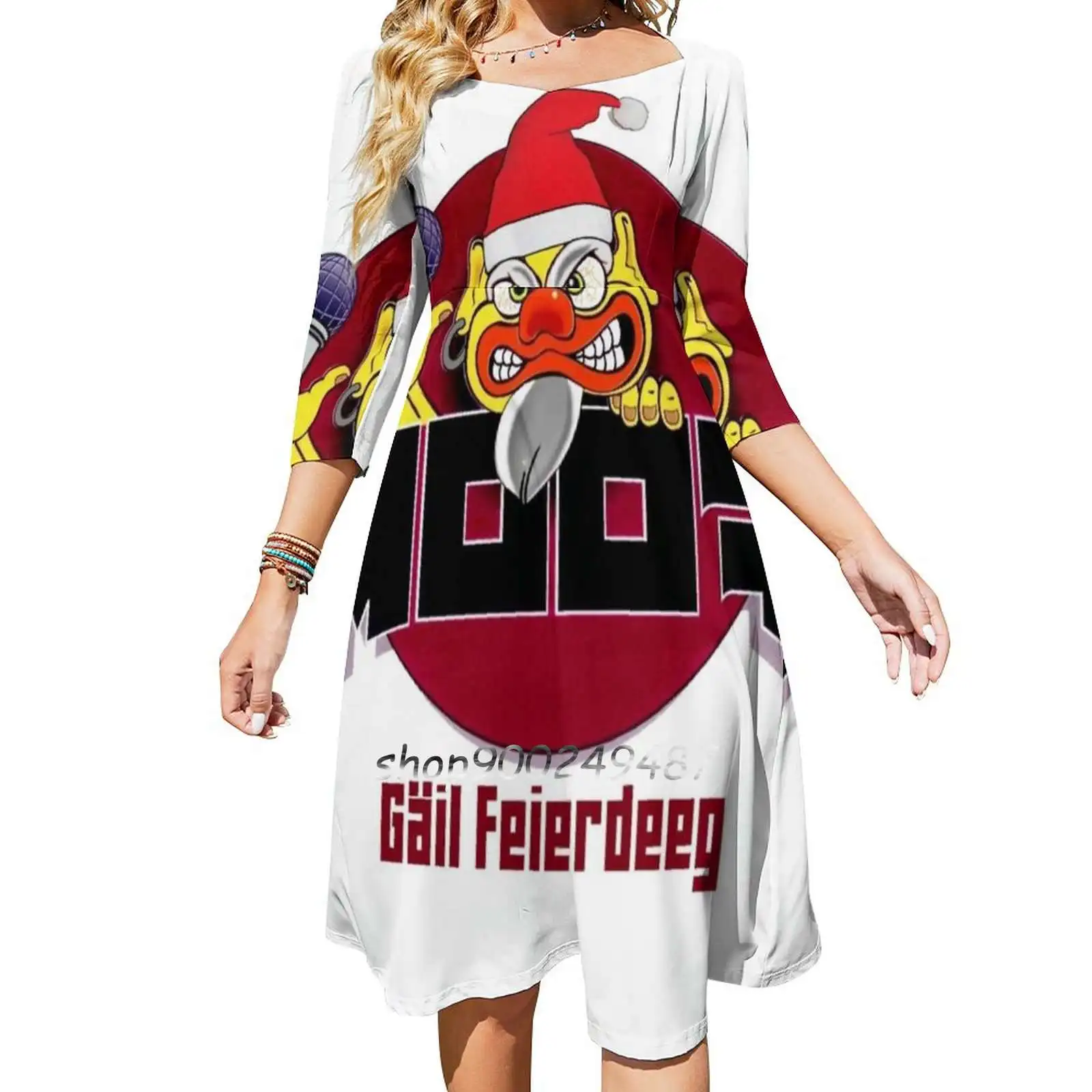 Moof Gäil Feierdeeg Платье с квадратным вырезом Симпатичные свободные платья принтом