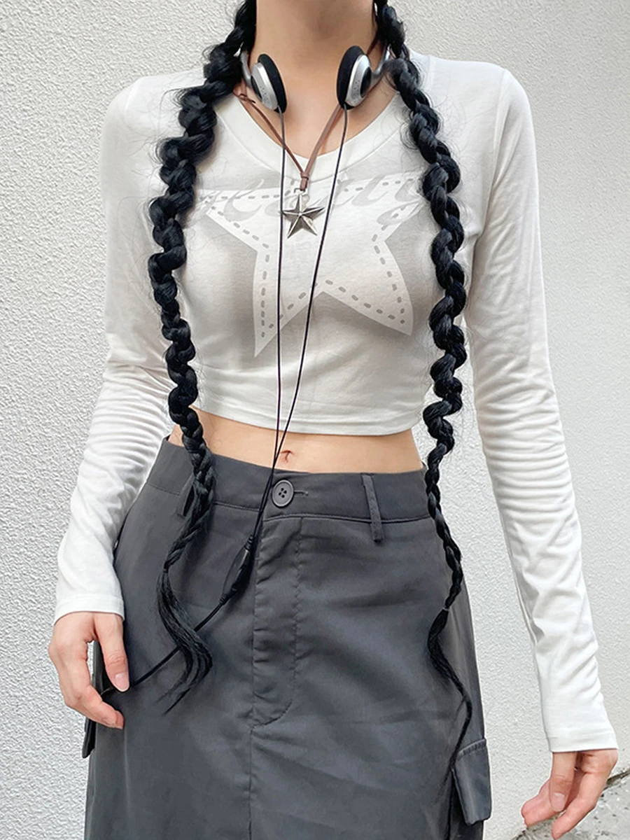 

Gothic Starry Night Women s Long Sleeve T-Shirt Fairy Grunge Graphic O Neck Crop Top for Streetwear