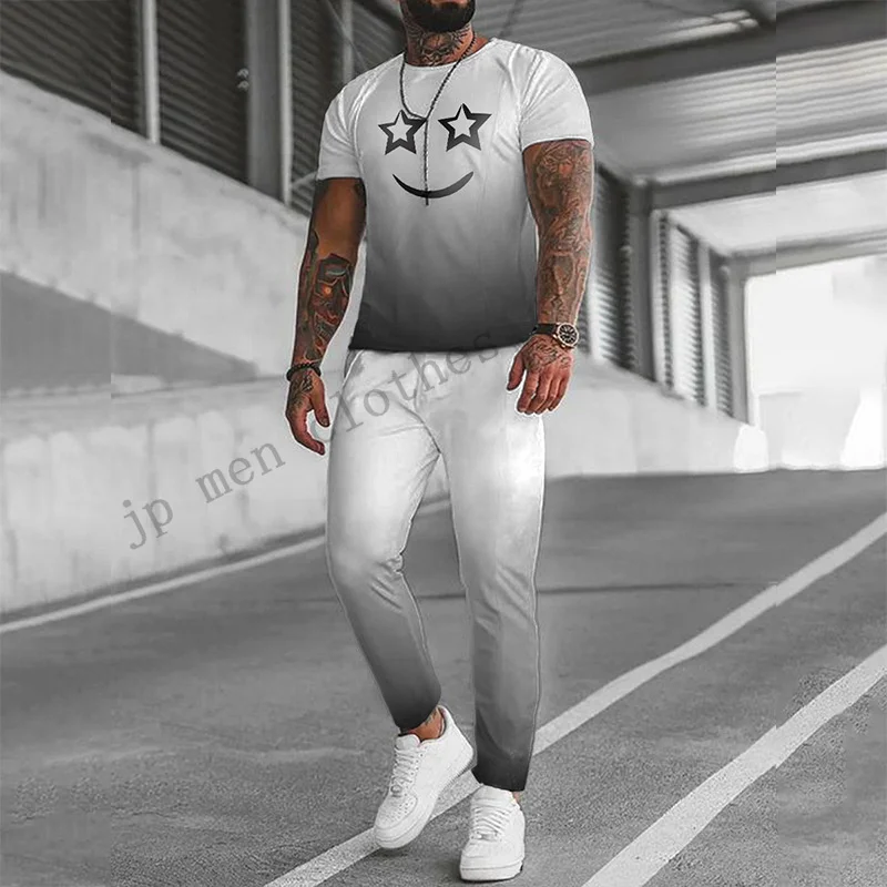New Arrival Men's Trousers Tracksuit 2 Piece Set 3D Printed Summer Funny Smiley Short Sleeve T Shirt+Long Pants Street Clothes