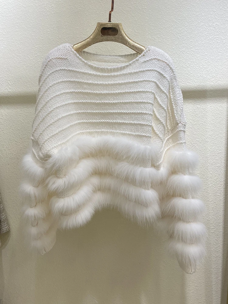 Women Fashion Real Fox Fur Strip Knitted Cardigans Sweater Real Fur Trim Loose Autumn Spring Knitwear