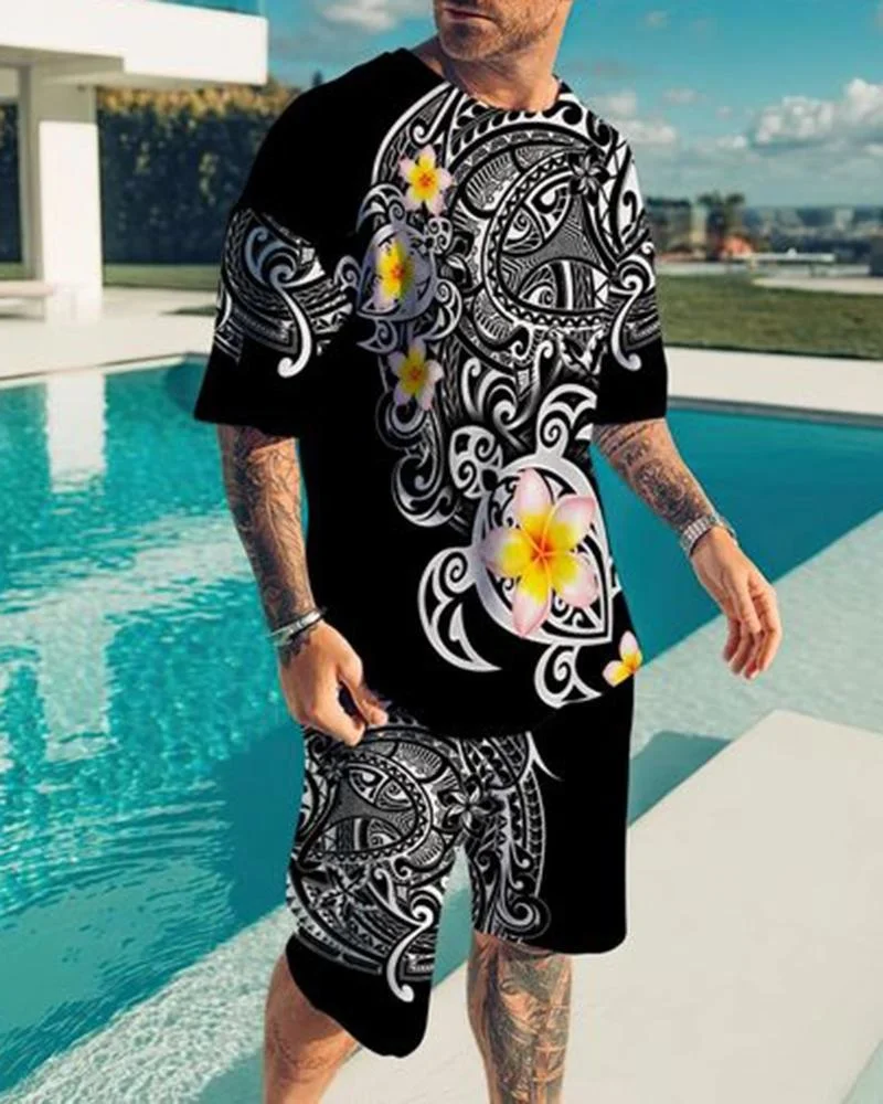 

2022 summer popular men's short-sleeved suit 3D digital printing Harajuku geometric mosaic pattern casual men's sportswear suit