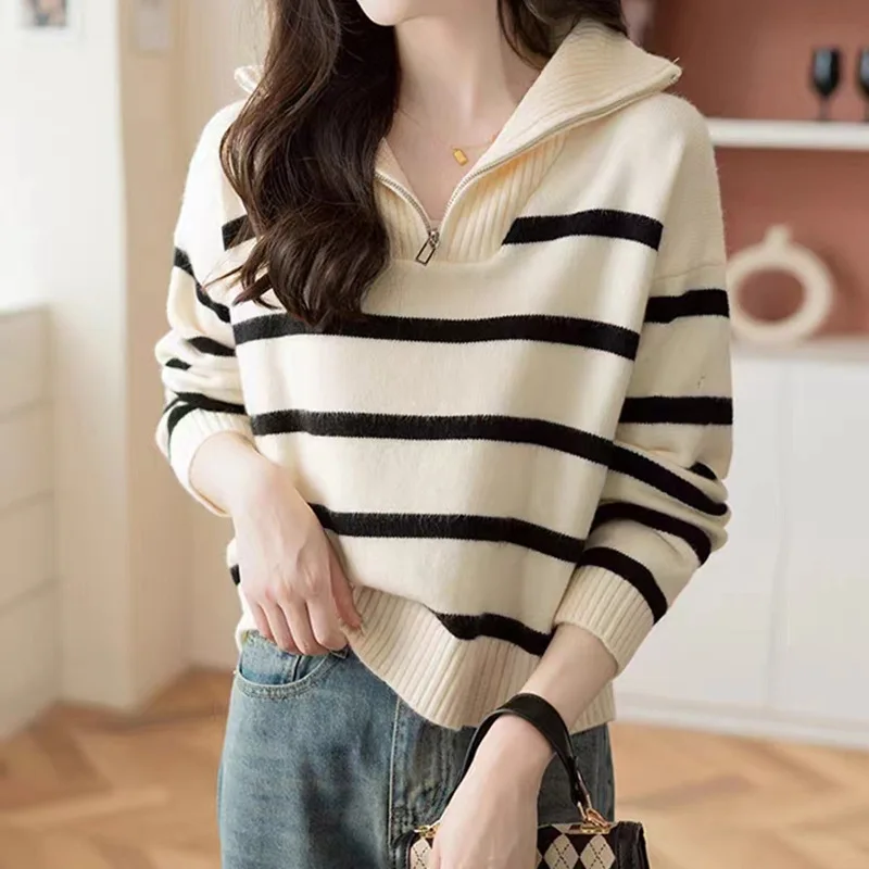 

Женский осенне-зимний Новый Винтажный пуловер на молнии с воротником-поло, полосатый свитер