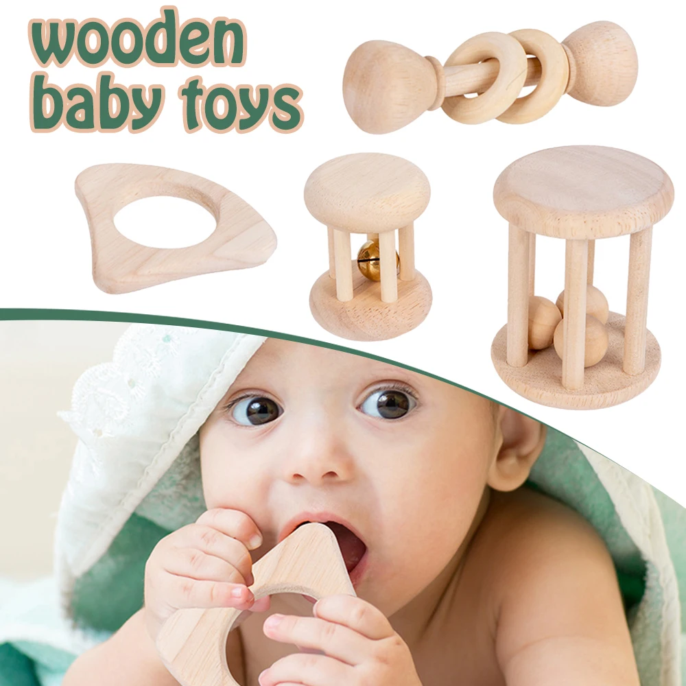 

4Pcs Wooden Bell Rattles Baby Toy for Infants Educational Early Learning Toy Educational Easy to Handle Safe Material Wood JAN88