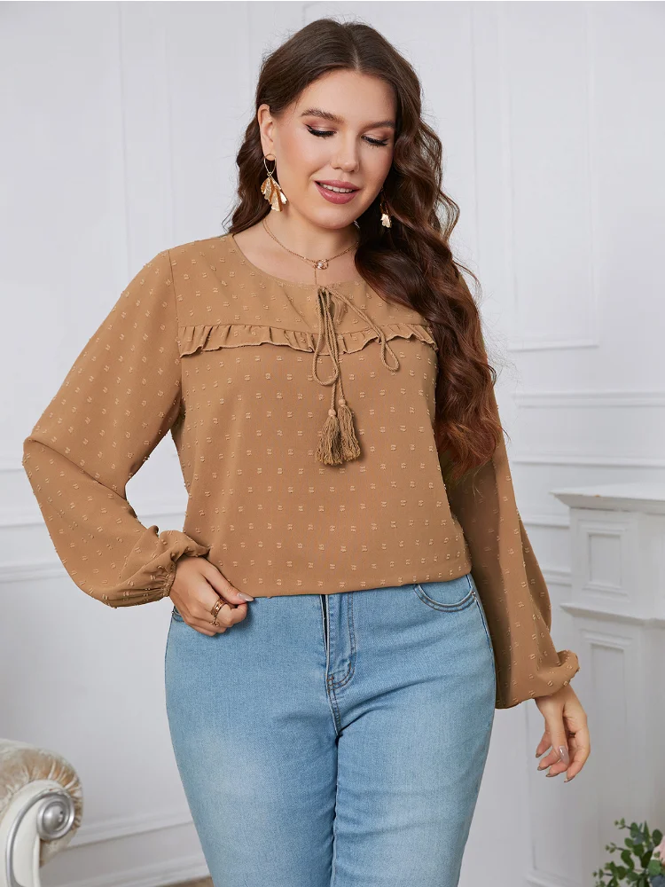 Ladies Style Tie Rope Round Neck Lace Loose Size Women's Top plus size women clothing  roupas femininas