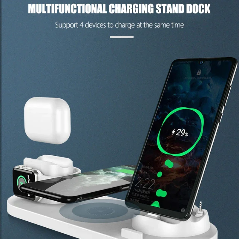Подставка для беспроводного зарядного устройства 4 в 1 IPhone 15 14 13 12 11 X Samsung S23 iWatch 8 7 6