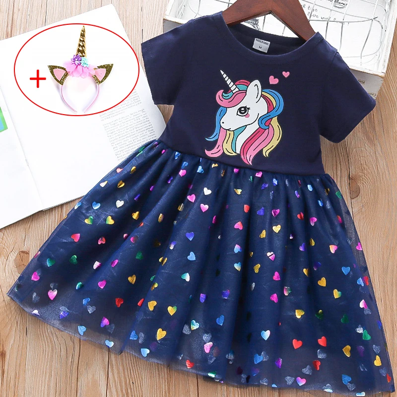 

Summer Girls Dresses Cotton Cartoon Unicorn Mesh Party Princess Casual Dresses With Headband For 2-8 Years Kids Birthday Clothes