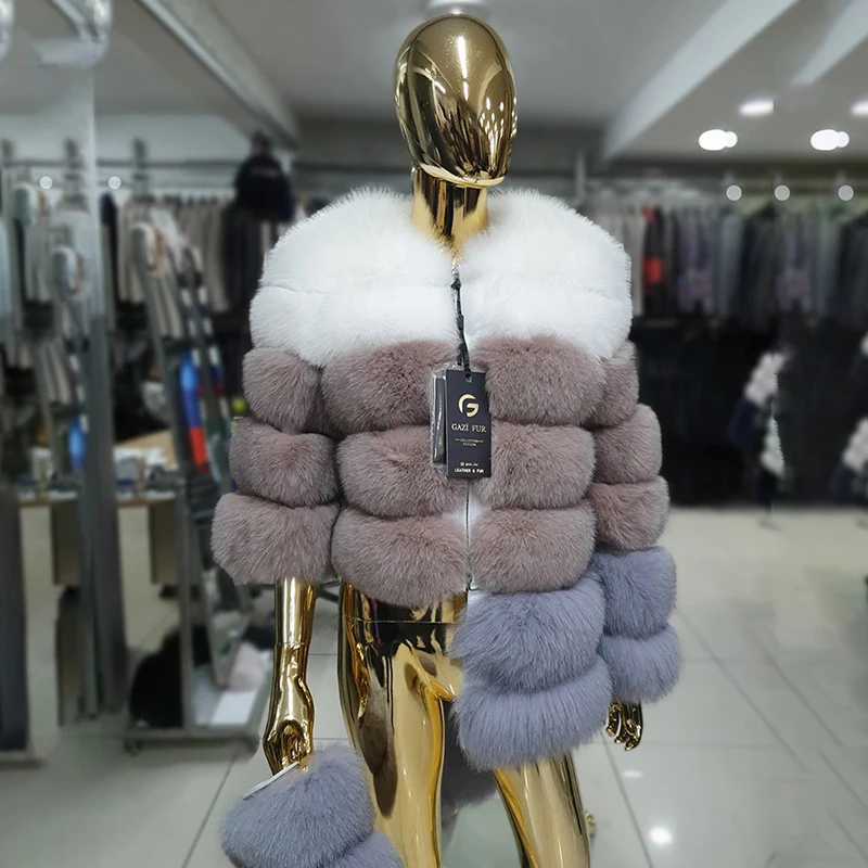 Dismantle Fox Fur Jacket Woemn Winter New Contrast Color Long Sleeve Tops 2022 Fur Strip Sewed Toghter Fox Real Fur Coat Lady