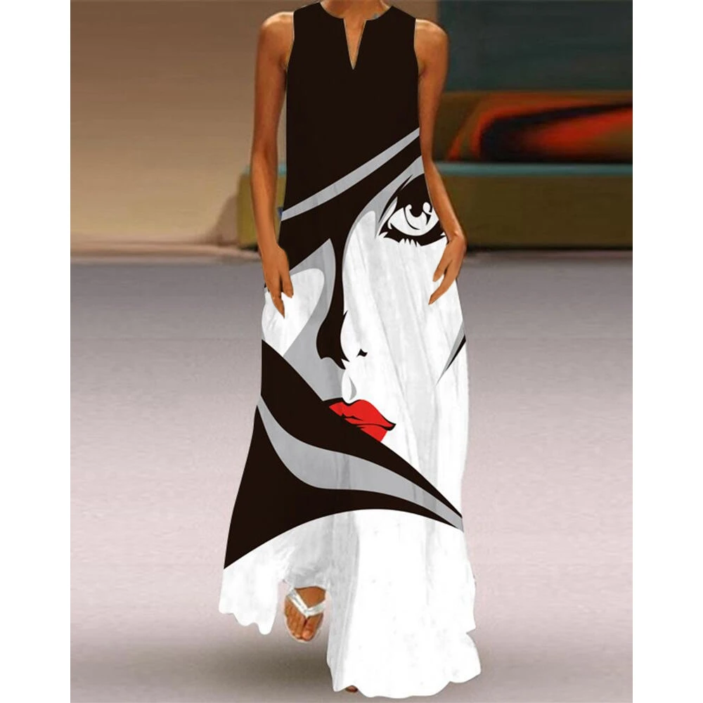 

Summer Women V-Cut Abstract Figure Print Sleeveless Maxi Dress Fashion Femme Oversized Straight Maxi Dresses Outfits Robe