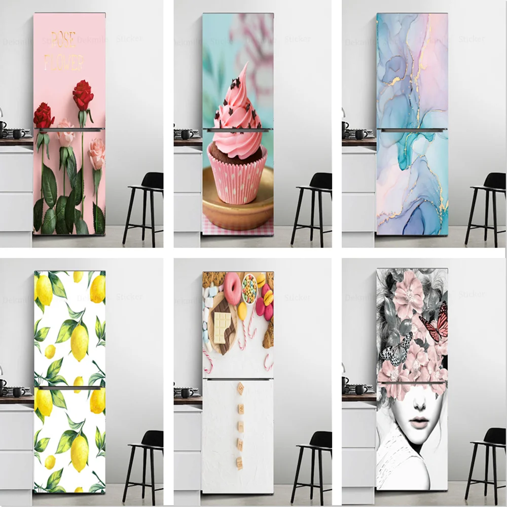 

Pink Cake Rose Fridge Stickers Door Cover Decoration Vinyl Refrigerator Wallpaper Self-adhesive Fruit Sweet Girls Freezer Film