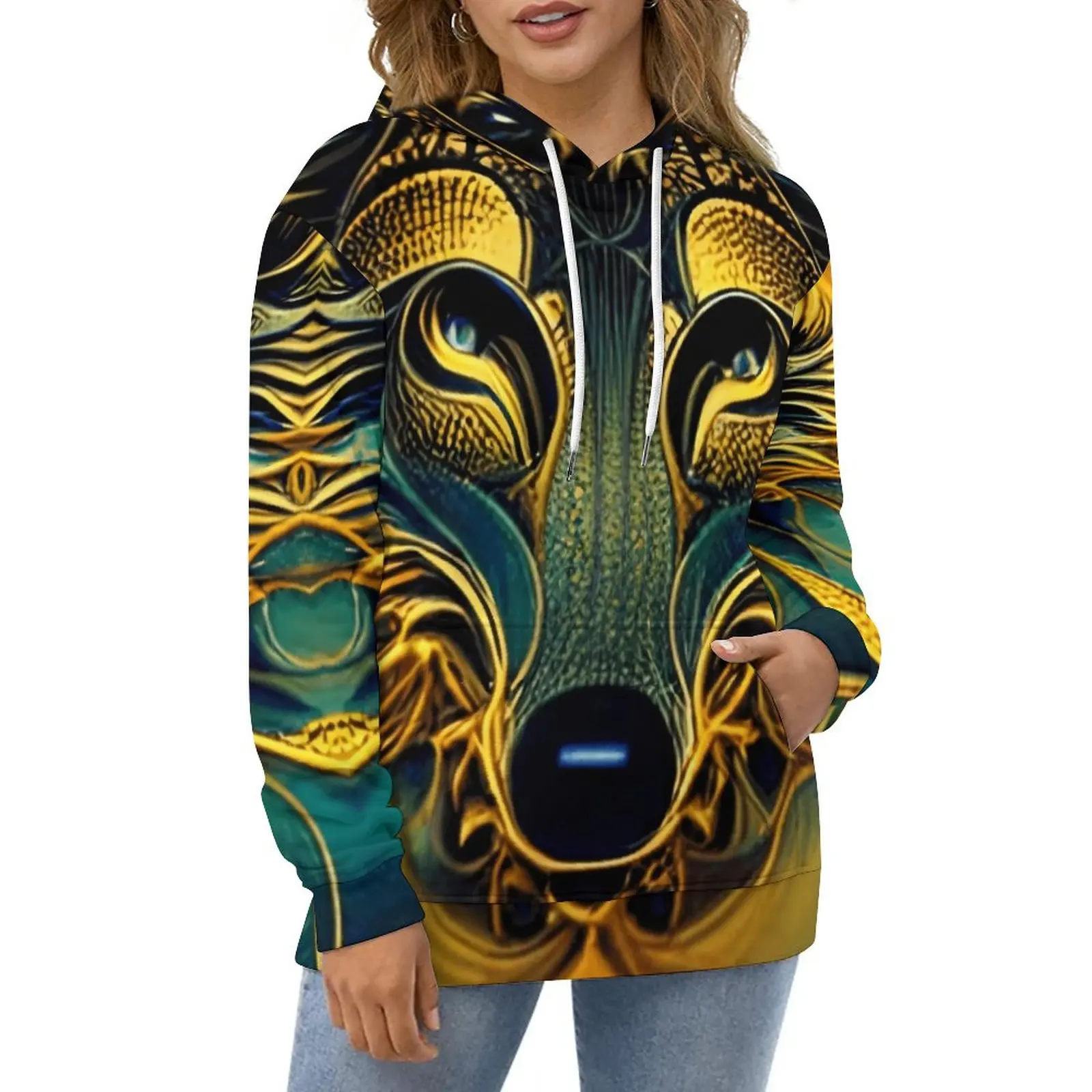 

Gold Wolf Head Casual Hoodies Mandala Style Print Hoodie Woman Long Sleeve Harajuku Graphic Loose Oversize Hooded Sweatshirts