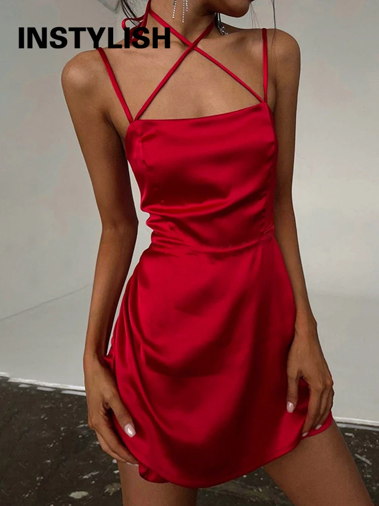 

Women Sexy Strap Satin A Line Dress Summer Elegant Solid Sleeveless Silk Bandage Mini Dress Chic Evening Club Party Vestido