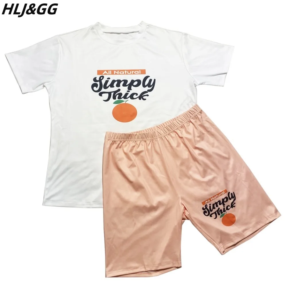 HLJ&GG Plus Size Women Clothing 2XL-6XL Casual Printing Round Neck Tshirt And Biker Shorts Two Piece Sets Summer Sporty Outfits