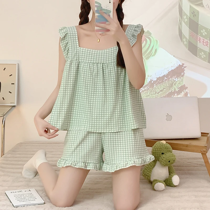 CAIYIER Summer Square Collar Grid Girls Nightwear Sleeveless Top and Shorts Sweet Sleepwear For Women Korean Kawaii Homewear