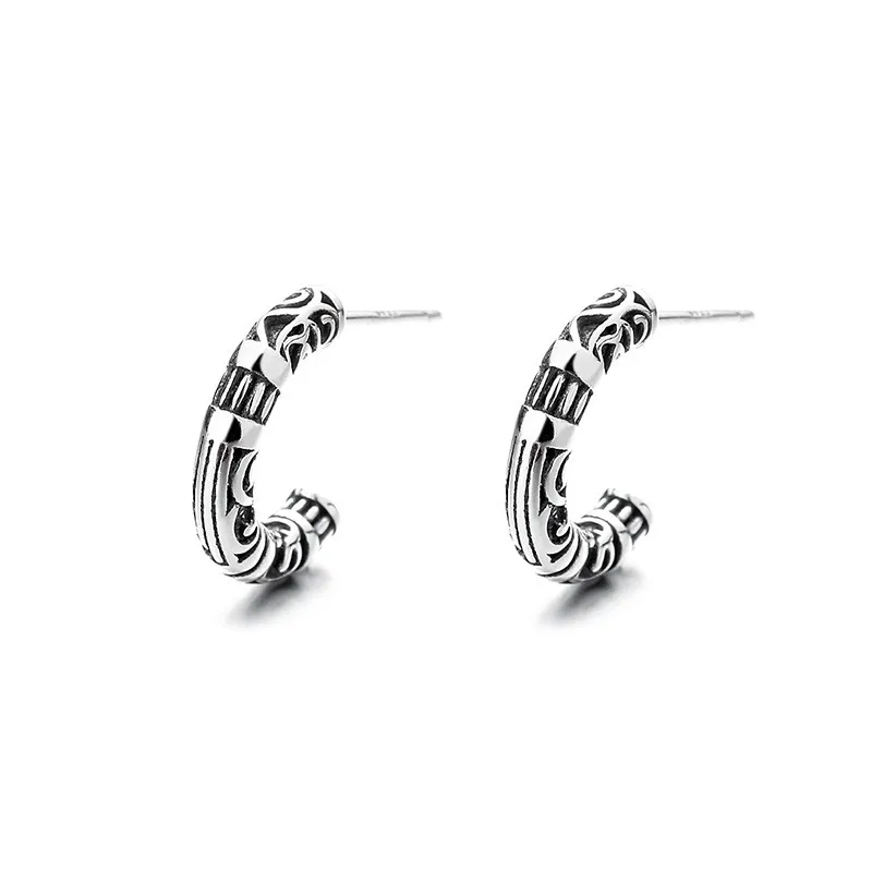 

174FR ZFSILVER S925 Silver Korean Fashion Trendy Design Totem Pattern Letter C Earrings Charm Jewelry Girls Women Gift Match-all