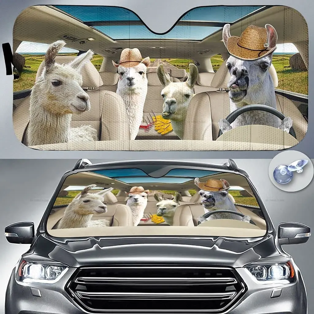 

Llama Family Driving On Summer Animal Lover Car Sunshade Windshield Window, Gift for Llama Car Windshield Durable Auto Visor