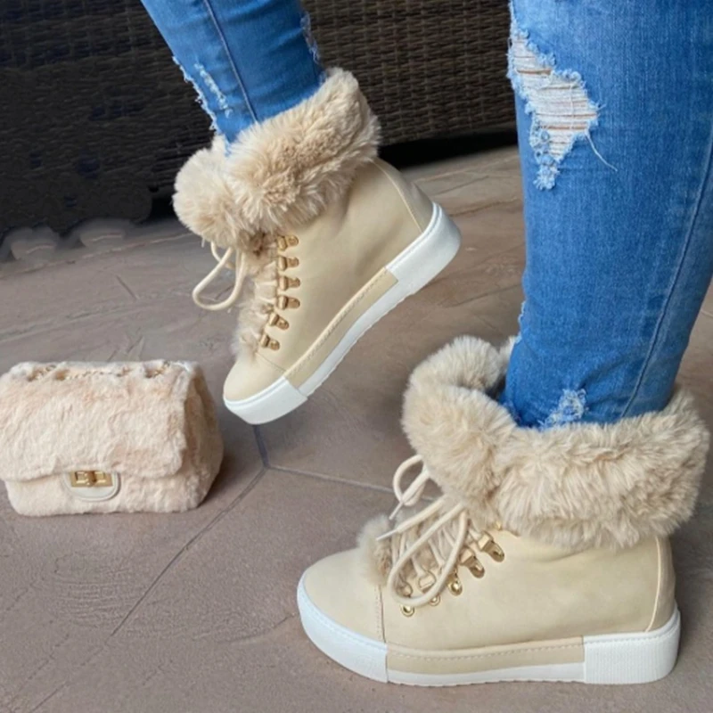 Winter Short Tube Lace, Long Fur Mouth Leather Surface Pile Thickened Warm Snow Boots Women