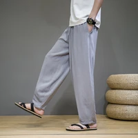 men pants cotton and linen summer solid loose sports wide leg pants sports men lace up mid waist pocket straight pants trousers