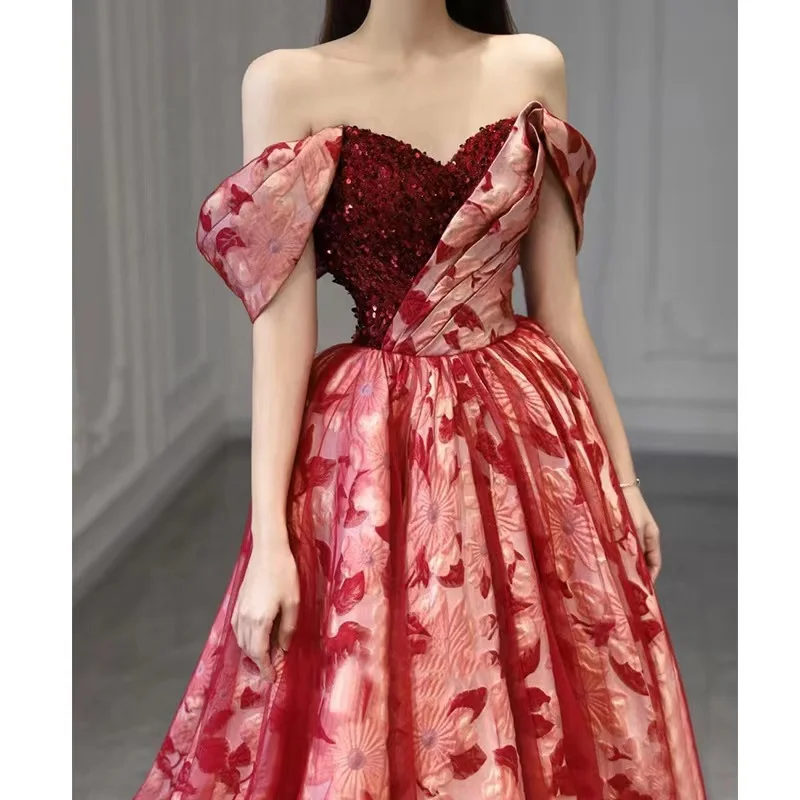 

New Arrival Burgundy Prom Dress A-Line V-Neck Off The Shoulder Appliques Floor-Length Back Bandage Evening Gown Vestido De Noiva