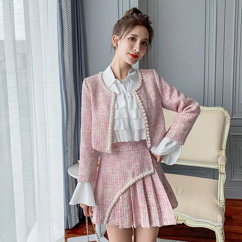 

Spring and autumn new celebrity small fragrance tweed coat + pleated high waist skirt + three piece shirt set
