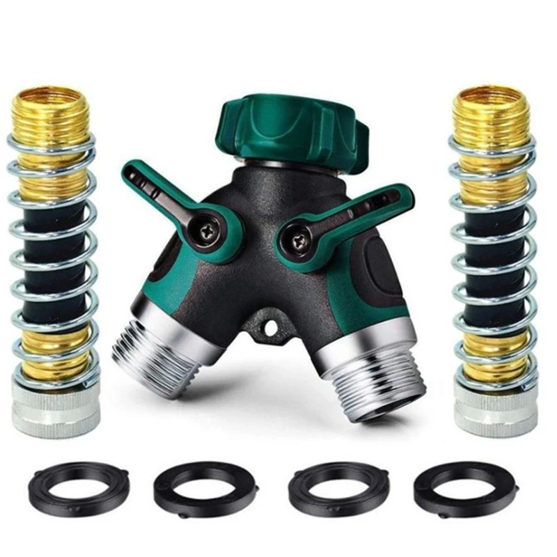 

3/4" 2 Way Hose Splitter 2 Way Garden Hose Connector with 2 Pcs Garden Hose Coiled Spring Protectors and 4 Washers T21C