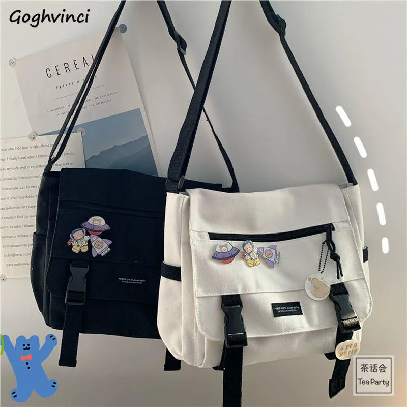 

Black Canvas Messenger Bags Women Preppy Style Large Capacity School All-match Shoulder Harajuku Crossbody Tooling Bag Couples