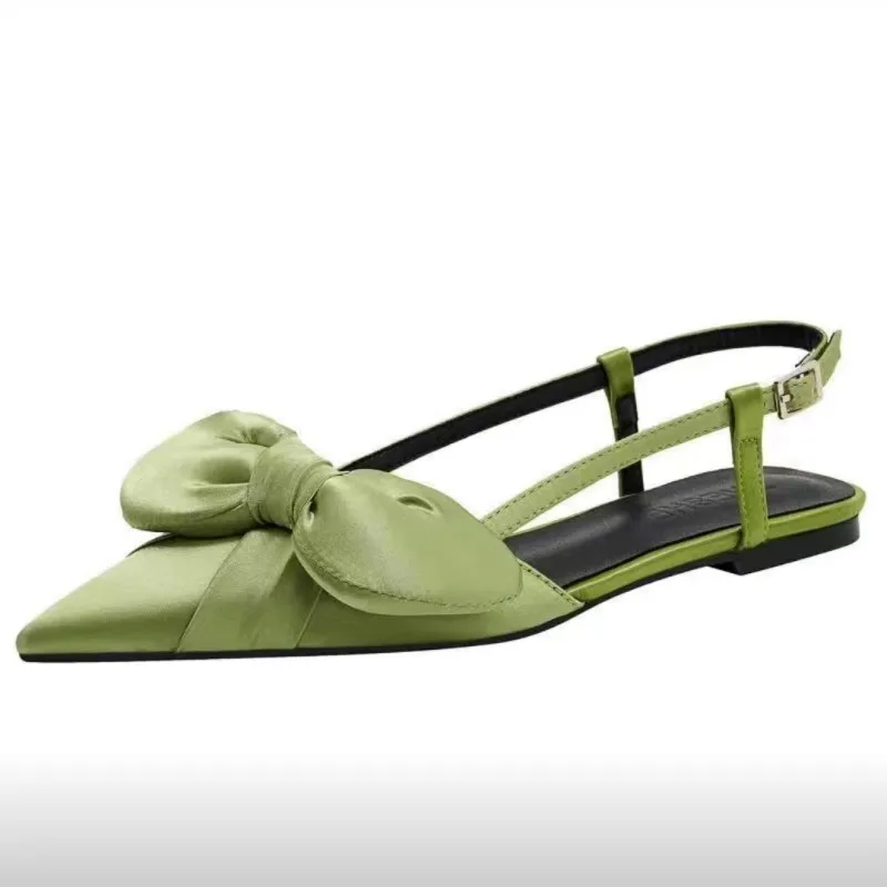 A4 Summer New Fashion Sexy Pointed Bow Tie Women's Sandals Shallow Belt Buckle Solid Color Comfortable Single Shoe Women