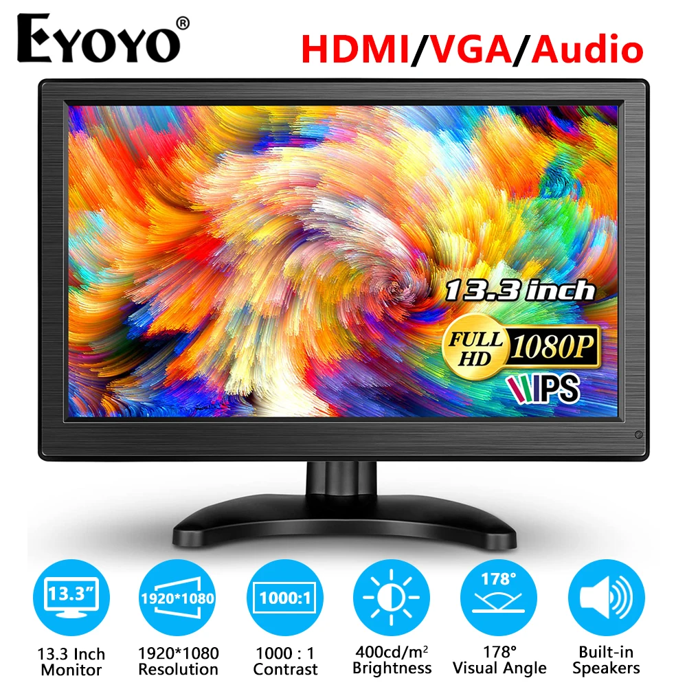 Внешний монитор Eyoyo EM13H, 13,3 дюйма, HDMI, 1920x1080, 16: 9, ЖК-дисплей VGA с громкоговорителем для ПК, ноутбука, компьютера, системы видеонаблюдения