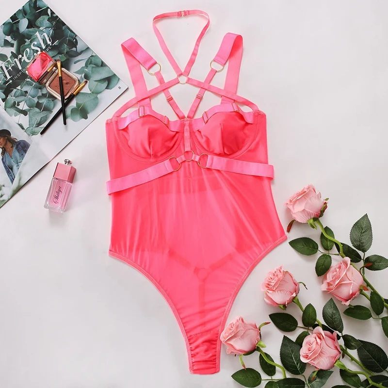 

Lingerie One-piece Lingerie Bodysuit Women Backless Bodycon Underwear Halter Teddy Transparent Mesh Sexy Female porno costume