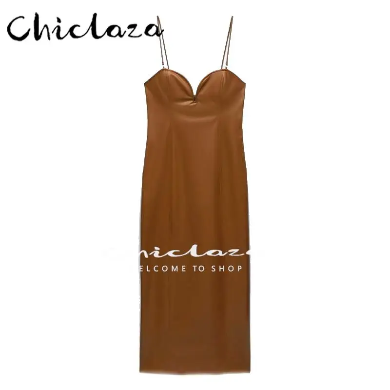 

CHICLAZA 2022 Summer Women Fashion Retro Sexy Sling Dresses Female Textured Faux Leather Wrap Breast Temperament Slim Dress