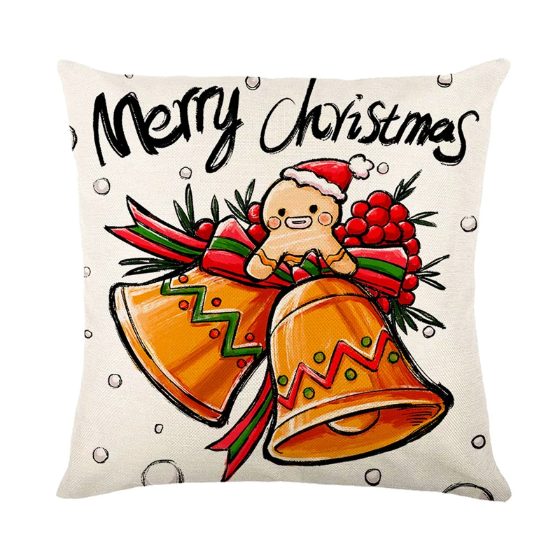 

2022 Christmas Throw Pillow Cover Cute Bell Elk Santa Claus Gnome Print Zipper Pillow Case for Home Office