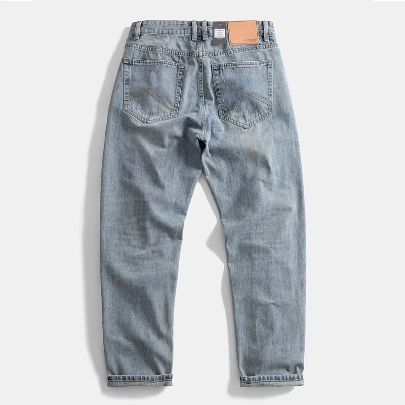 Heavy cotton straight leg jeans retro do old ground white American men's youth casual pants