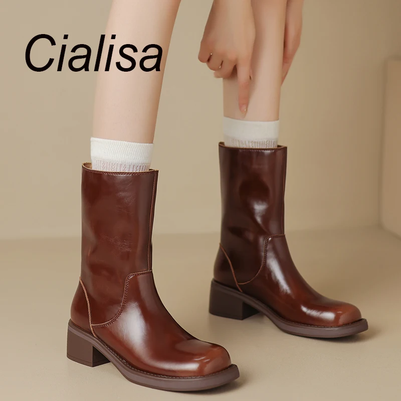 

Cialisa Round Toe Women Mid Calf Boots Fashion Genuine Leather Handmade 2023 New Mid Heels Autumn Winter Lady Shoes Black Brown