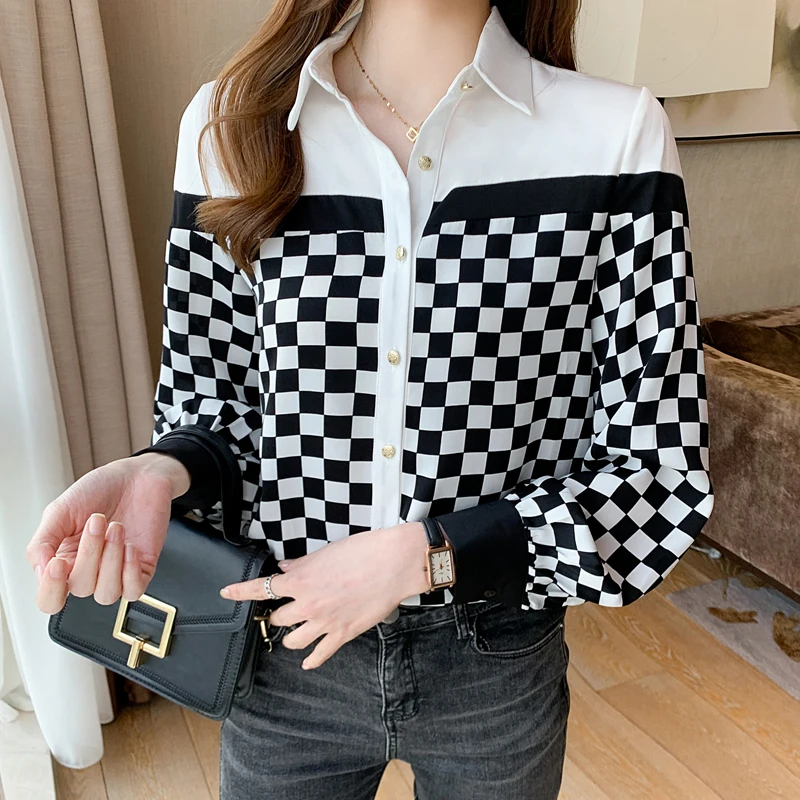 

Summer New Women's Blouses Polo Shirt Long Sleeve Top Lady Loose Lattice Chiffon Casual Fashion Clothing Houthion