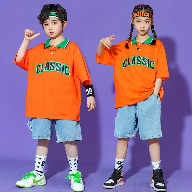 

Детская летняя одежда в стиле хип-хоп для мальчиков, футболка-поло, топы, джинсовые шорты, Детский костюм для джазовых танцев для девочек, уличная одежда на 10, 12, 14 лет