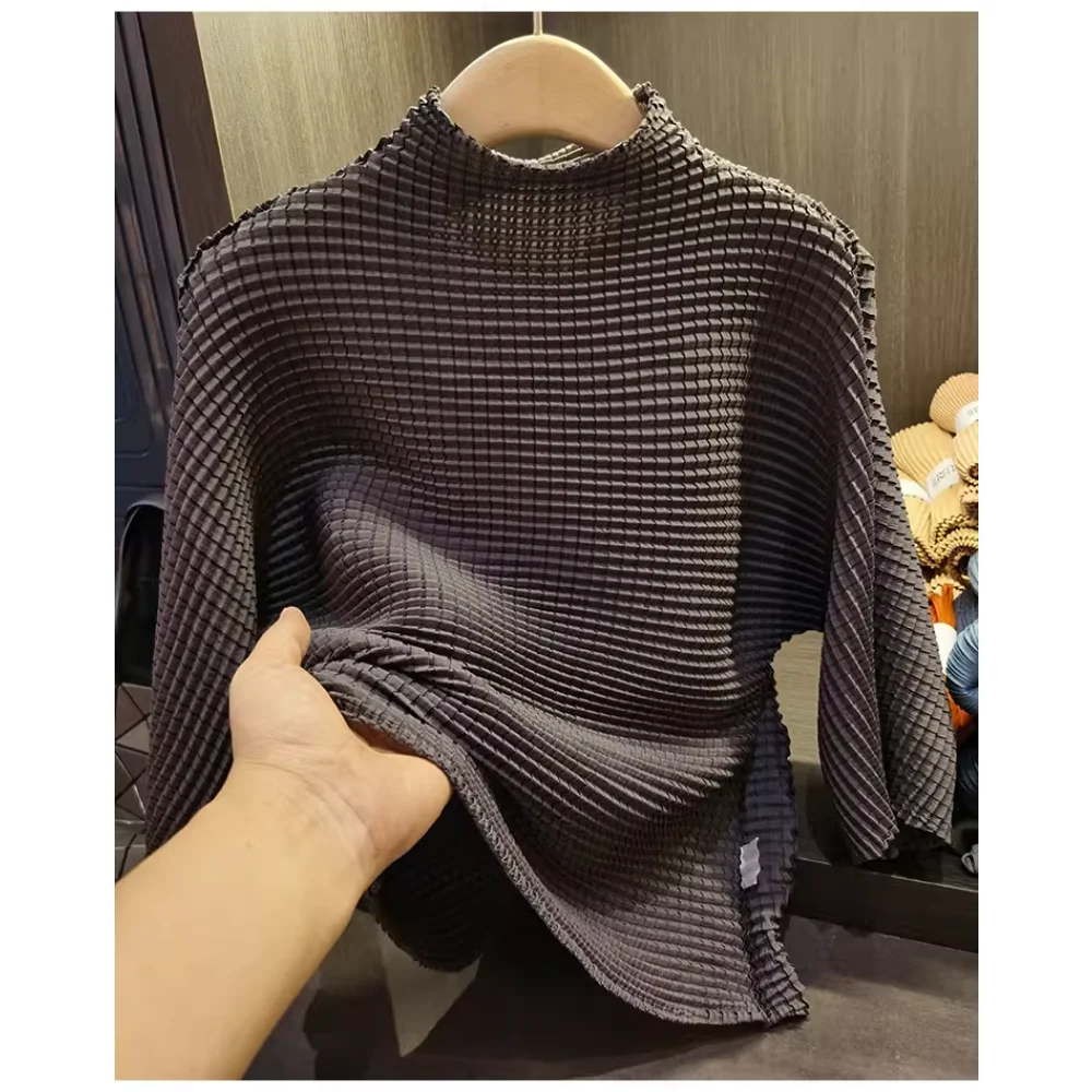 

Miyake High Quality Corn Grain Pleated T-shirt Loose Large Size Solid Office Ladies Women's T-shirt Shirts and Blouses Clothing