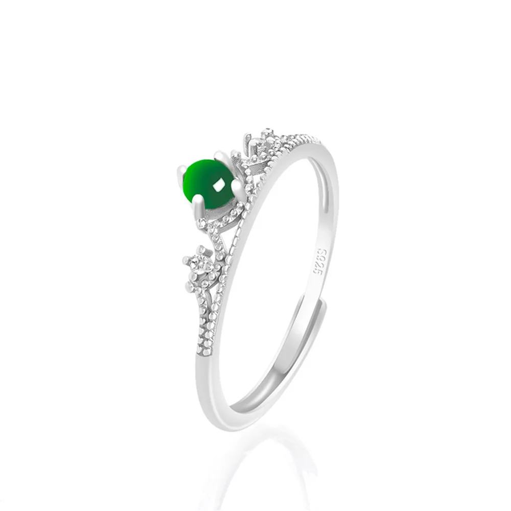 

925 Silver Natural Green Jadeite Gem Crown Design Finger Ring Adjustable Certificate Woman's Wedding Luxury Jade Vintage Jewelry