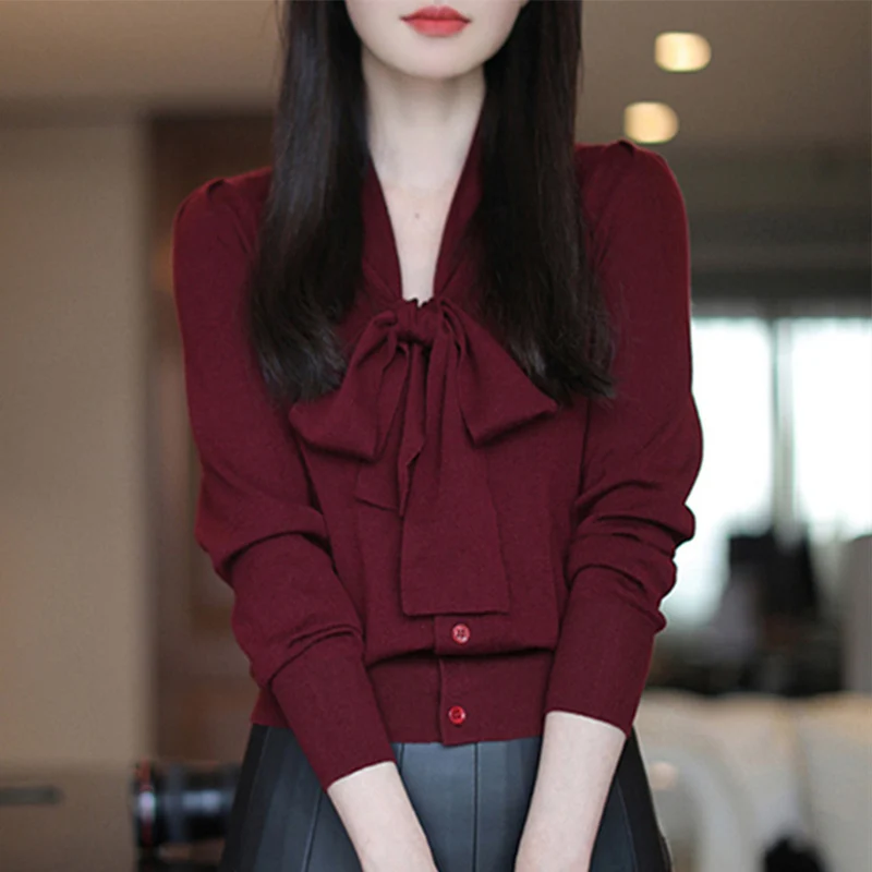 

Exquisite Solid Color Ribbon Shirt Wool Sweater Gentle Temperament Bow Collar Women's Top Korean Style Autumn And Winter New