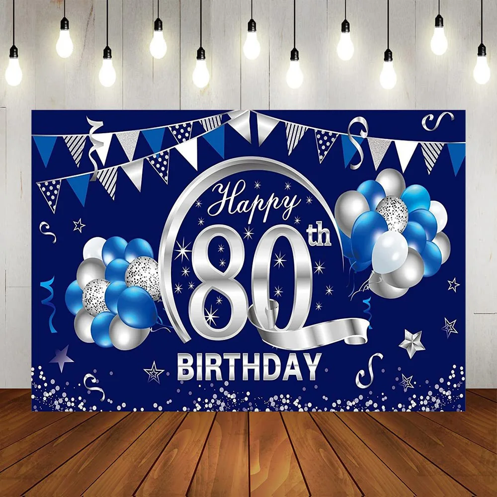 

Happy 80th Birthday Party Backdrop Decoration Blue Black Silver Balloon Diamond Photography Background Eighty Years Anniversary