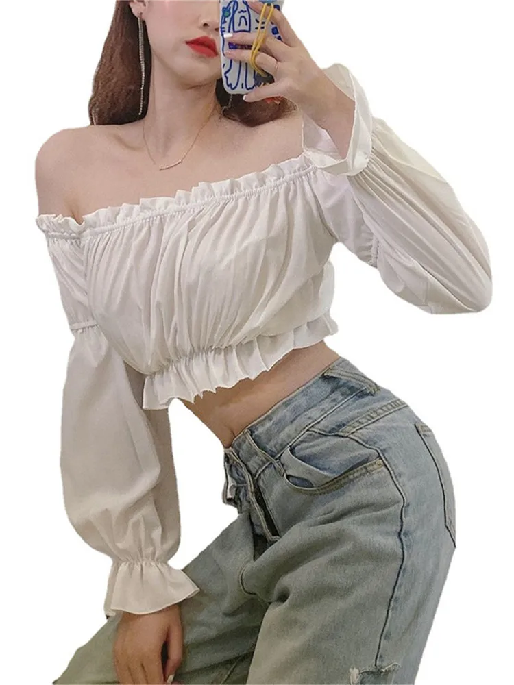 

LJCUIYAO Summer Fashion Puff Sleeve Women Blouses New White Chiffon Shirt Off Shoulder Top Ruffle Slash Neck Backless Clothing