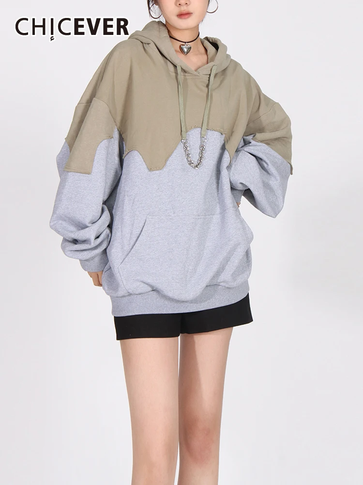 

CHICEVER Patchwork Drawstring Pullover Sweatershirts For Women Hooded Long Sleeve Spliced Pockets Hit Color Sweatershirt Female