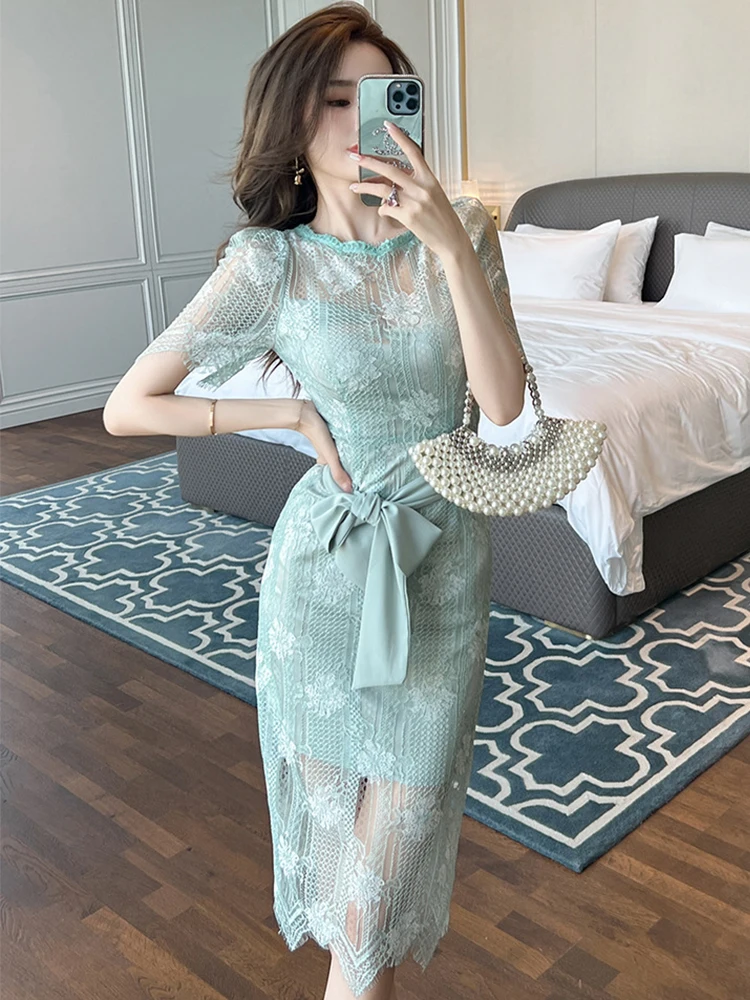 

Retro Sweet Sexy Dress for Women Sheer Embroidery Exquisite Perspective Lace Up Bow Slit Robe Girl Party Banquet Prom Vestidos