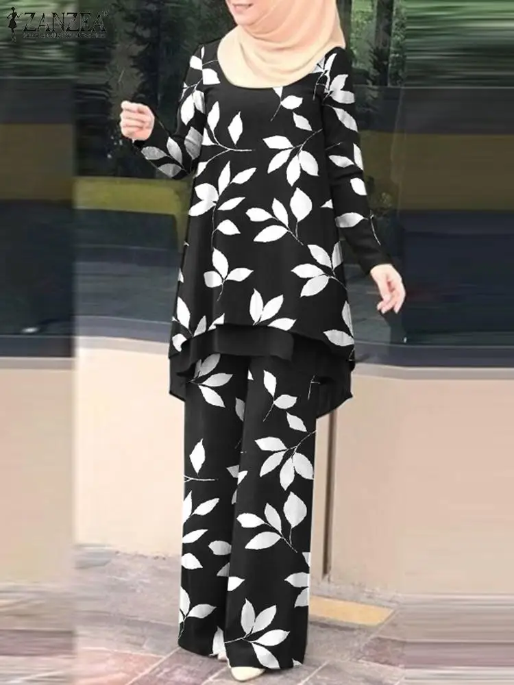 

ZANZEA Women Muslim Matching Sets Vintage Suit 2pcs Floral Print O-Neck Blouse Ankle Length Pant Causal Elegant Islamic Clothing