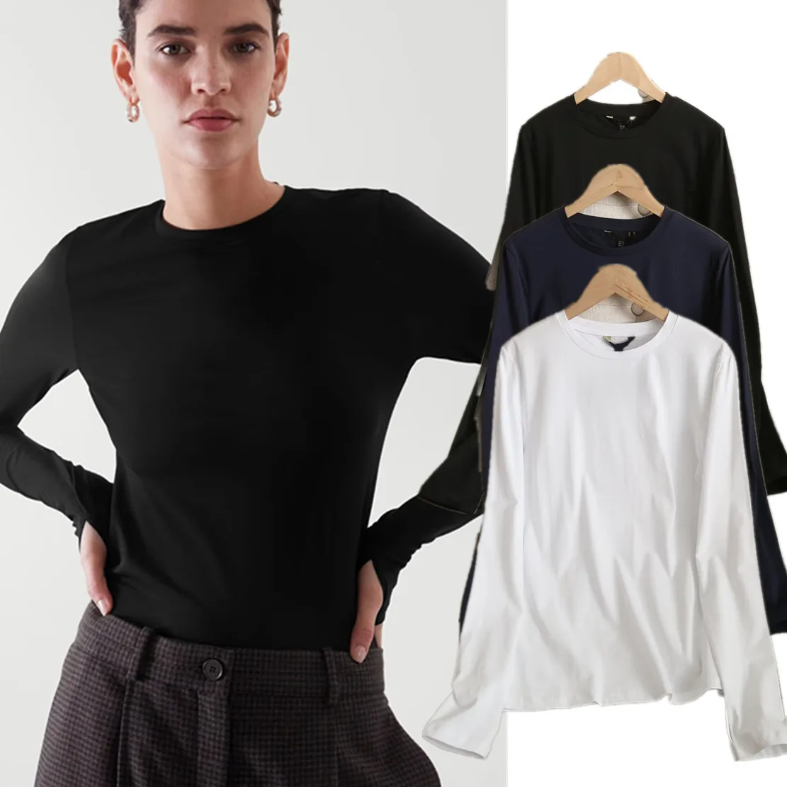 

Elmsk 2022 осень английский стиль многоцветные однотонные о-образный вырез Чистый хлопок с длинным рукавом женские футболки